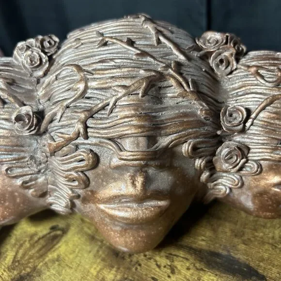 Sculptural Wall Art 3 Faces Blinded Rose Vines Hair Bronze Color Unity Entangle - Picture 4 of 11